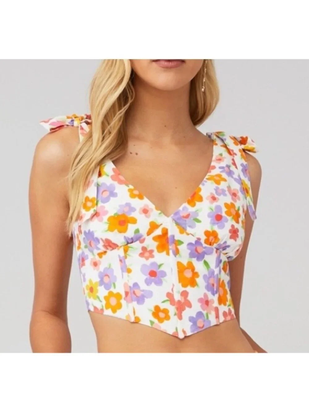Peppermayo x Revolve Womens Floral Linen Bustier Tie Top Size 12 White SP NWT - Picture 1 of 12